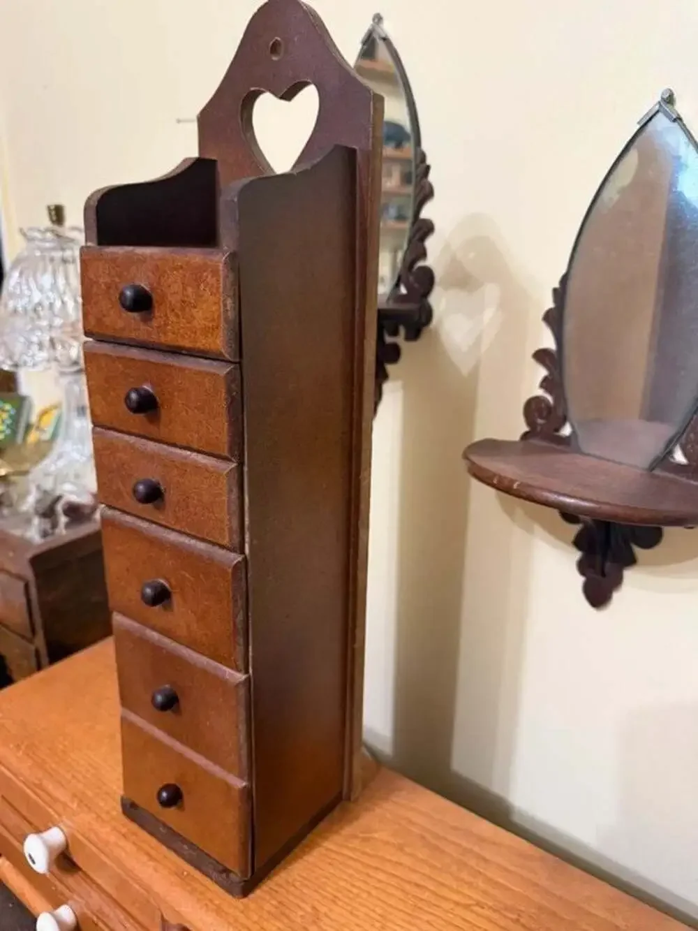 Vintage Vertical 6-Drawer Wooden Apothecary Cabinet with Heart Cutout